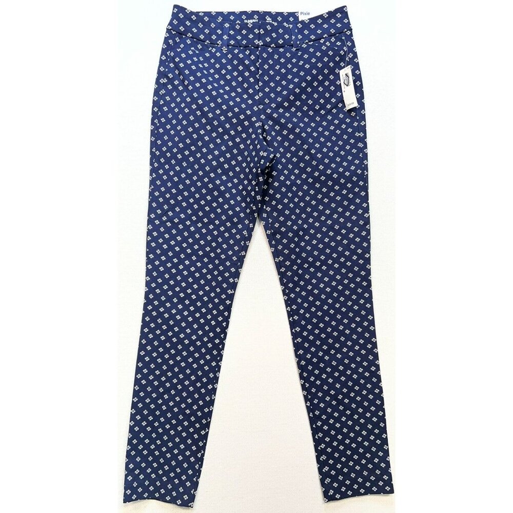 Old Navy Women Pixie Hi-Rise Ankle Pants Sz 0 Blue White Geo Secret-Slim Pockets